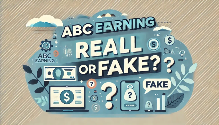 Featured image with the text 'ABC Earning is Real or Fake?' against a background of money symbols and digital elements, questioning the authenticity of online earnings.