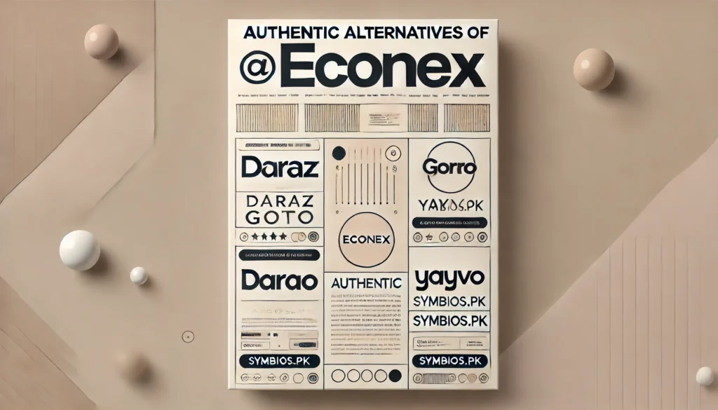 Authentic Alternatives of Econex with subheadings Daraz, Goto, Yayvo, and Symbios.pk in a clean, modern design.