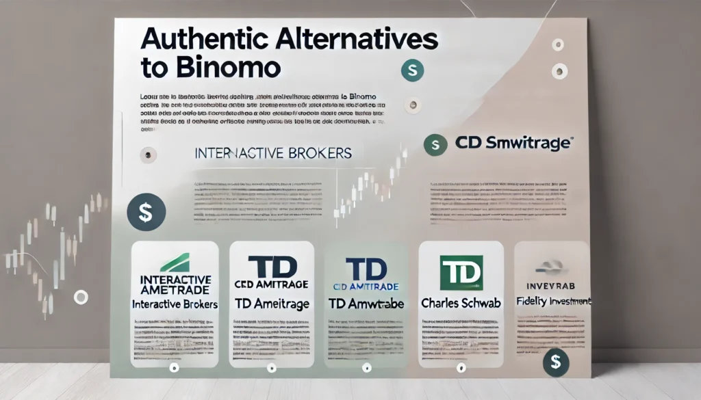 Horizontal image with the heading 'Authentic Alternatives to Binomo,' listing financial services Interactive Brokers, TD Ameritrade, Charles Schwab, and Fidelity Investments.