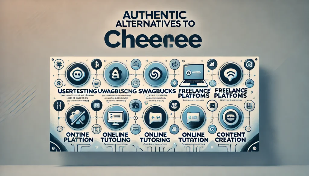 Banner image titled 'Authentic Alternatives to Cheelee' with subheadings UserTesting, Swagbucks, Freelance Platforms, Online Tutoring, and Content Creation on a clean, light gradient background.