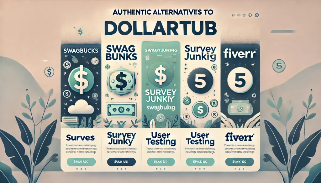 A professional and clean banner with the heading "Authentic Alternatives to DollarTub" and four subheadings: "Swagbucks," "Survey Junkie," "UserTesting," and "Fiverr." The design is minimalistic with a soft gradient background, icons representing online earning platforms, and well-spaced text for easy readability.