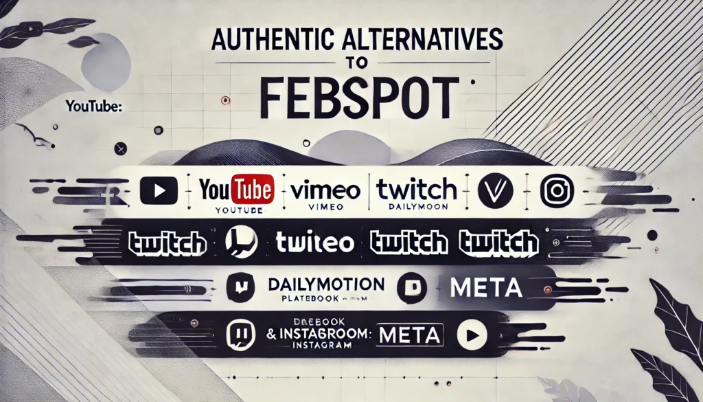 Banner titled 'Authentic Alternatives to Febspot' with subheadings YouTube, Vimeo, Twitch, Dailymotion, and Meta (Facebook & Instagram) on a light gradient background with icons.