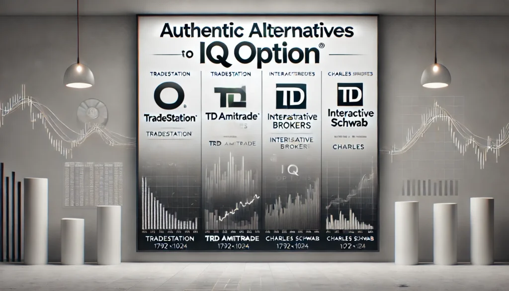 Banner image titled 'Authentic Alternatives to IQ Option' with subheadings: TradeStation, TD Ameritrade, Interactive Brokers, and Charles Schwab on a professional background with trading-themed design elements