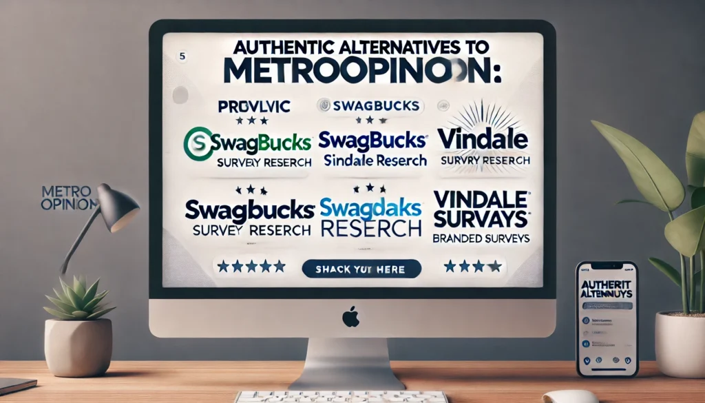 Web graphic listing authentic alternatives to MetroOpinion: Prolific, Swagbucks, Survey Junkie, Vindale Research, and Branded Surveys, with a clean and modern design.