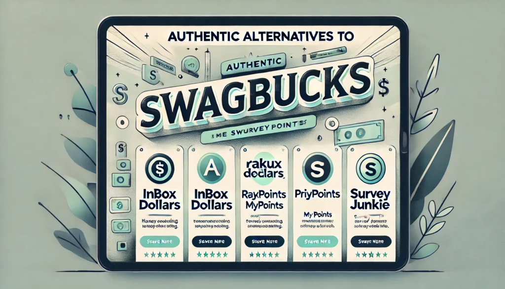 Banner image titled 'Authentic Alternatives to SwagBucks' featuring subheadings for InboxDollars, Rakuten, MyPoints, PrizeRebel, and Survey Junkie on a light gradient background.