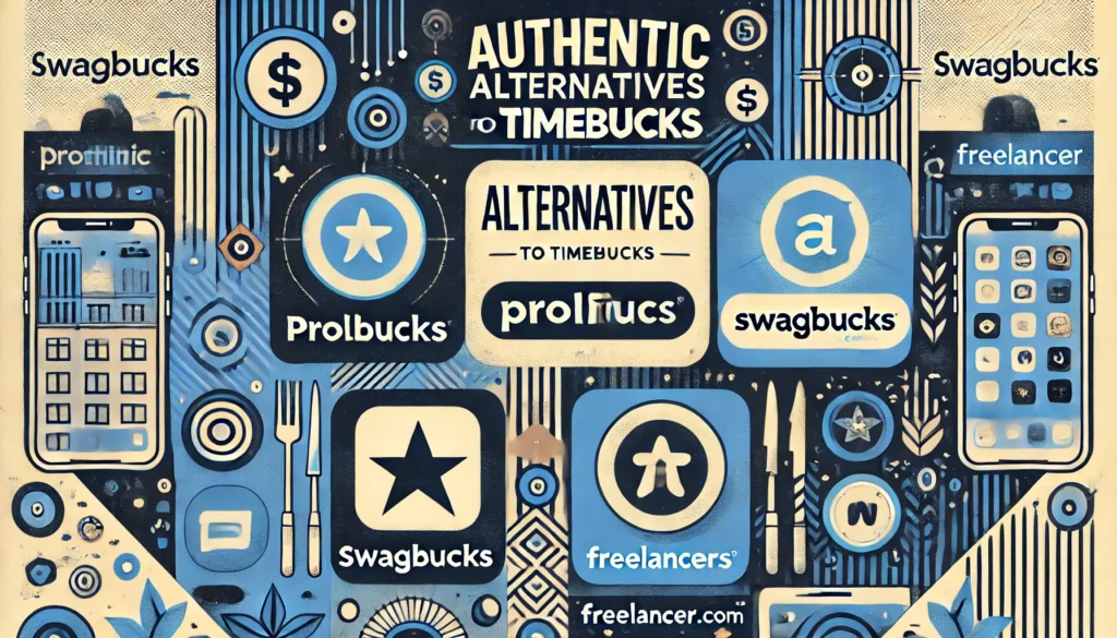 Authentic Alternatives to TimeBucks with subheadings for Prolific, Swagbucks, and Freelancer.com, displayed in a professional, modern design with neutral tones.