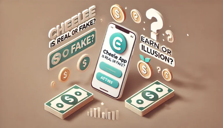 Smartphone displaying the Cheelee app icon with money symbols and question marks, representing inquiry about the app's authenticity and earning potential.