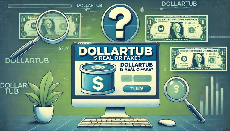 Featured image for the article 'DollarTub is Real or Fake?' showing a computer screen displaying the DollarTub website with a question mark above it, symbolizing uncertainty. The background has elements like dollar bills and magnifying glasses to represent scrutiny, with a mix of blue and green tones.