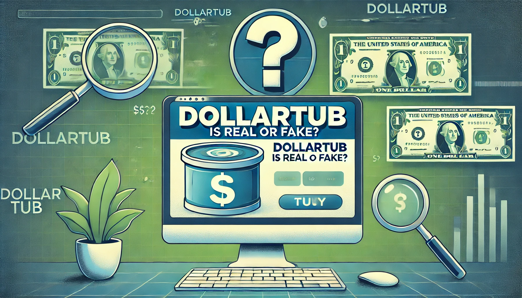 Featured image for the article 'DollarTub is Real or Fake?' showing a computer screen displaying the DollarTub website with a question mark above it, symbolizing uncertainty. The background has elements like dollar bills and magnifying glasses to represent scrutiny, with a mix of blue and green tones.