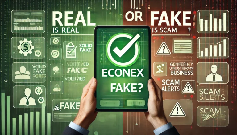 Featured image with a split-screen design, representing real (green, authentic elements) on one side and fake (red, untrustworthy elements) on the other. The bold text "Econex is Real or Fake?" is placed in the center.