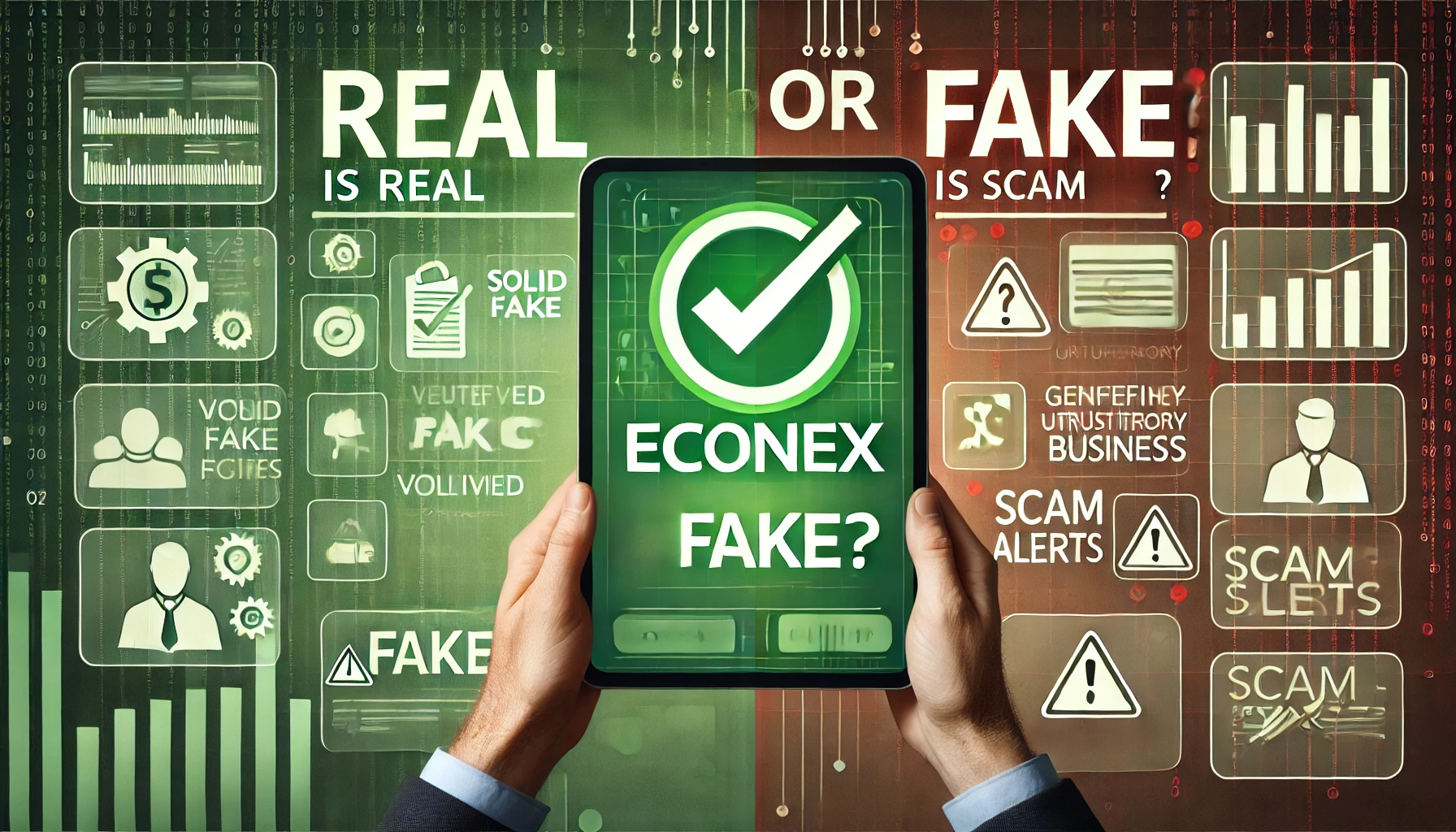 Featured image with a split-screen design, representing real (green, authentic elements) on one side and fake (red, untrustworthy elements) on the other. The bold text "Econex is Real or Fake?" is placed in the center.