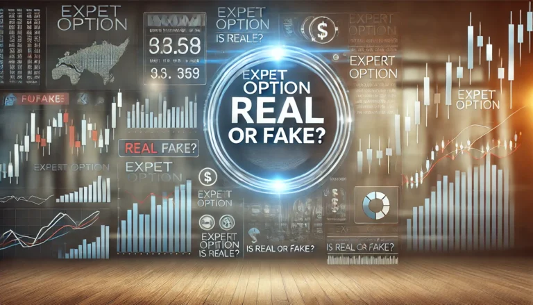 Digital trading interface background with the text 'Expert Option is Real or Fake?' for a featured article image.