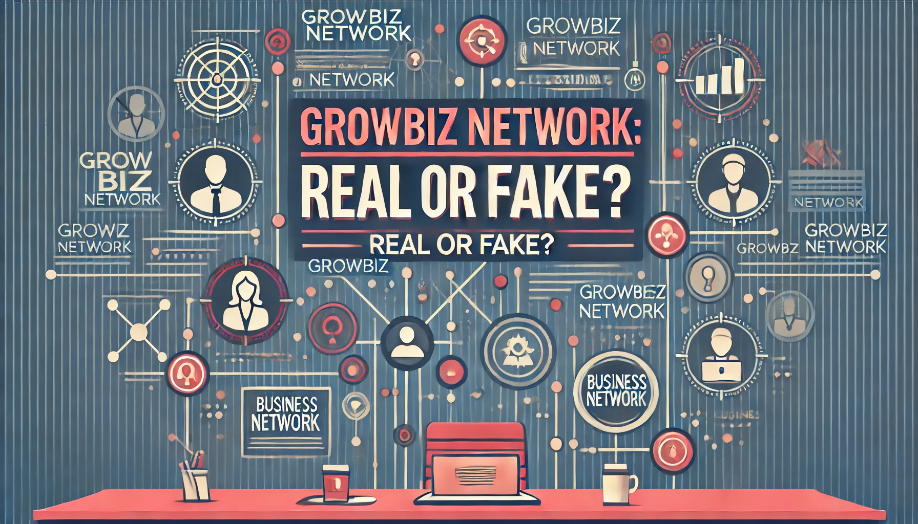 A horizontal featured image for an article titled 'GrowBiz Network: Real or Fake?' displaying a bold heading over a professional, digital network-themed background with icons and subtle business symbols.