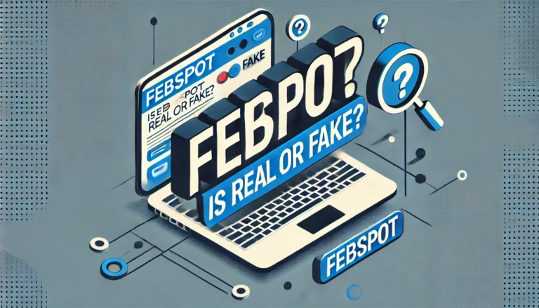 Featured image with heading 'Febspot is Real or Fake?' showing investigative theme elements like a magnifying glass and question marks.