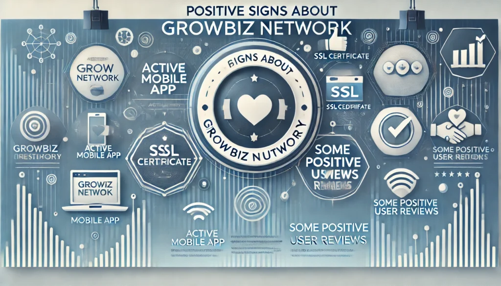 Positive Signs about GrowBiz Network Authenticity banner with subheadings on Active Mobile App, SSL Certificate, and Positive User Reviews in a professional blue and white design.