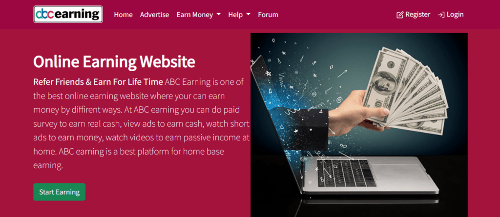 Screenshot of Homepage of Official Website of ABC Earning