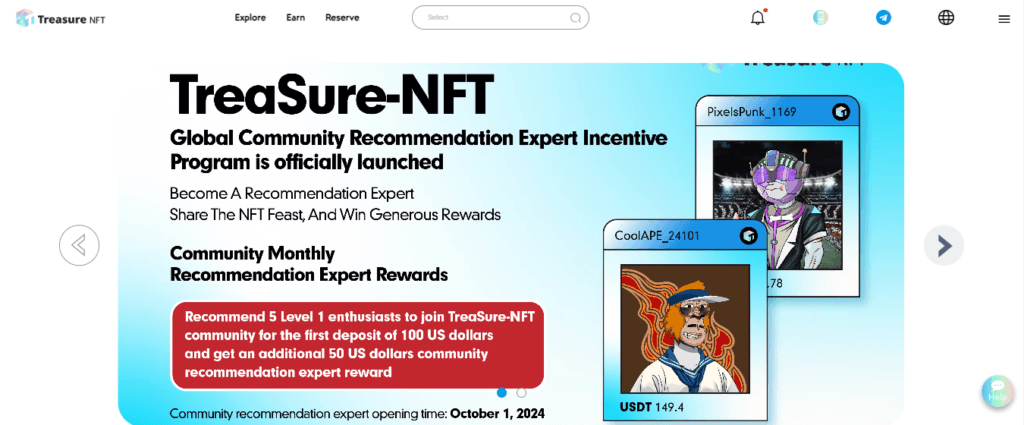 Screenshot of Homepage of Official Website of Treasure NFT