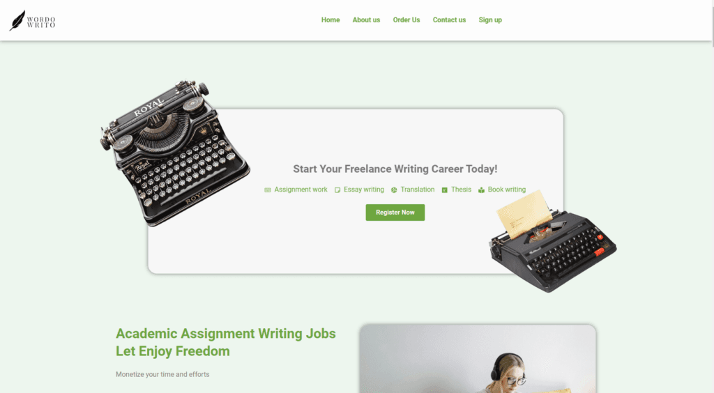 screenshot of Homepage of Official Website of WordoWrite