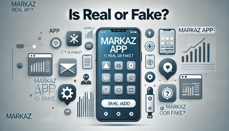 Featured image for an article titled 'Markaz App is Real or Fake?' with a smartphone and app icons background.