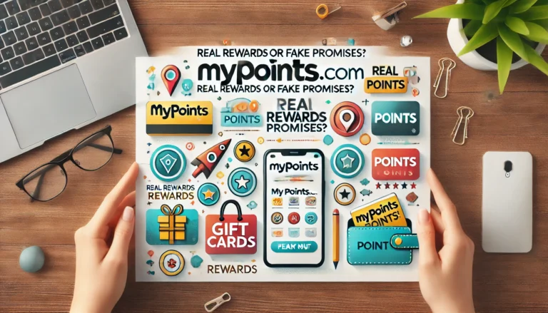 MyPoints.com: Real Rewards or Fake Promises? article header with icons suggesting online rewards, gift cards, and points symbols on a modern flat design background.