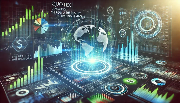 Futuristic trading platform interface with stock charts and binary options for an article on Quotex.