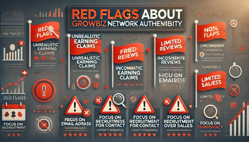 Horizontal infographic titled "Red Flags about GrowBiz Network Authenticity" with warning signs for unrealistic earning claims, inconsistent reviews, free email contact, limited transparency, and a focus on recruitment over sales.