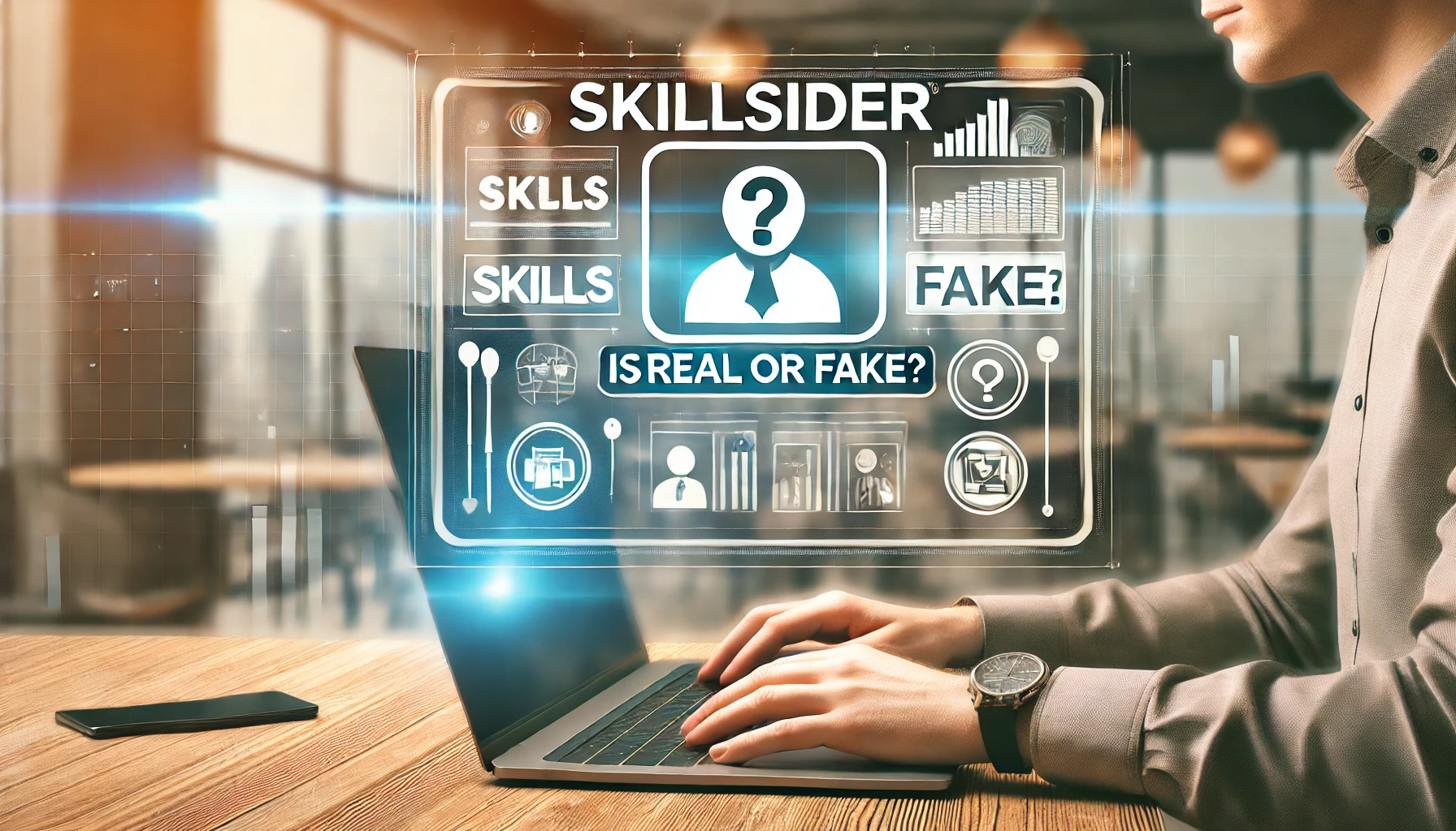 Featured image with the heading 'SkillSider isreal or fake?' showing a digital workspace with a SkillSider website on a laptop, indicating a question on authenticity.