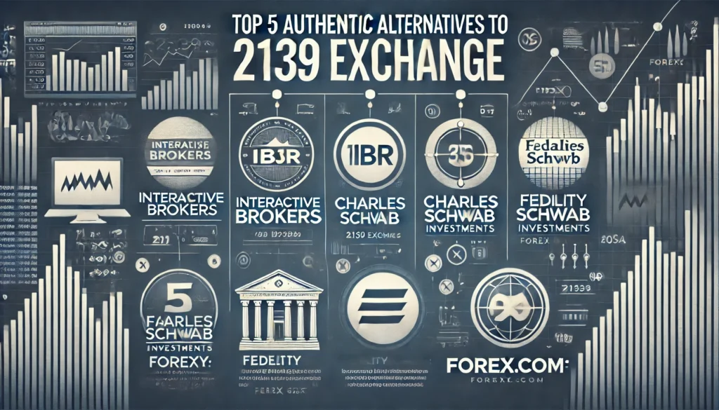 Banner image titled "Top 5 Authentic Alternatives to 2139 Exchange," featuring subheadings: "Interactive Brokers (IBKR)," "Charles Schwab," "Fidelity Investments," and "Forex.com" with a professional financial theme.