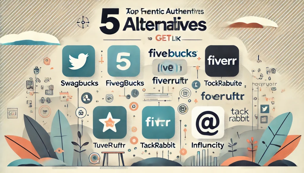 Horizontal banner image with the heading "Top 5 Authentic Alternatives to GetLike" featuring Swagbucks, Fiverr, Hootsuite, TaskRabbit, and Influencity.
