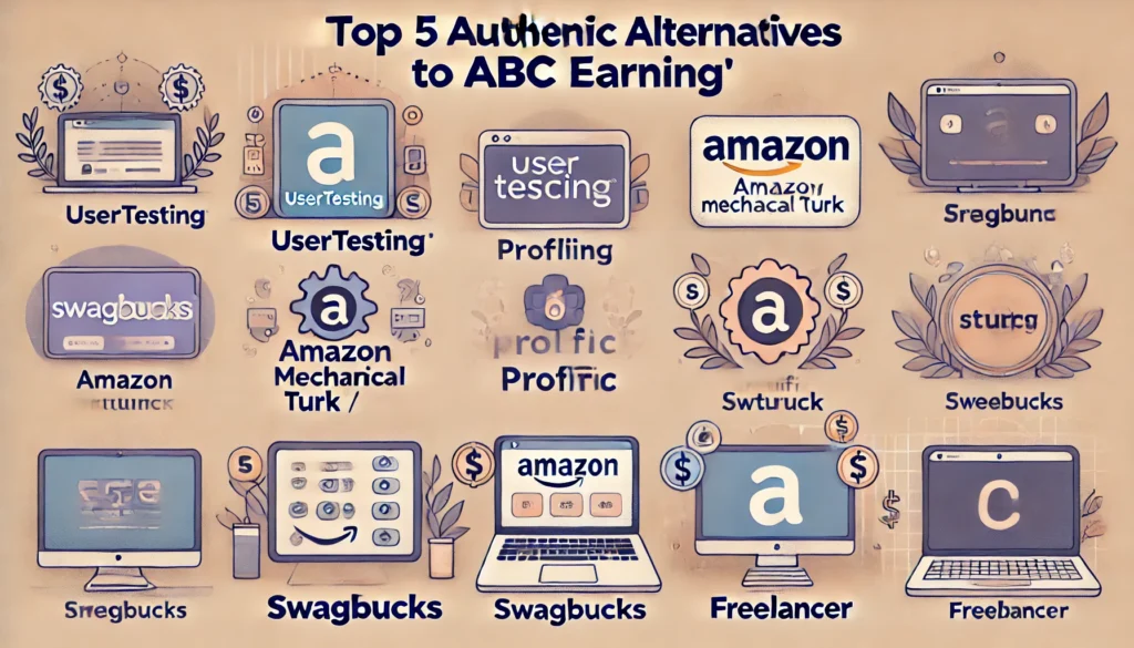Horizontal image titled "Top 5 Authentic Alternatives to ABC Earning" featuring five sections with labels: UserTesting, Prolific, Amazon Mechanical Turk (MTurk), Swagbucks, and Freelancer. Professional icons and a soft color scheme enhance readability.