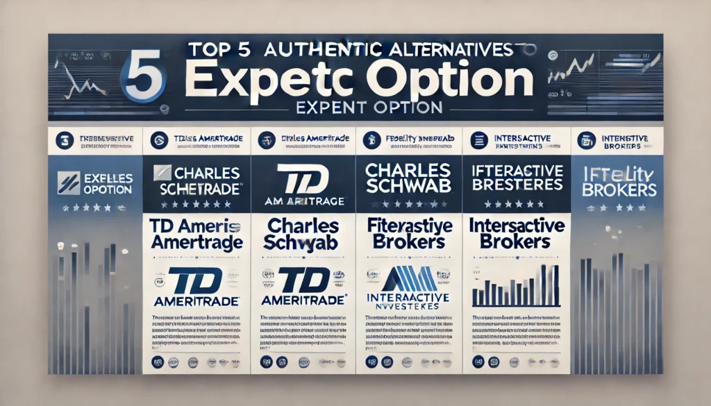 Horizontal banner image titled "Top 5 Authentic Alternatives to Expert Option" with subheadings for TD Ameritrade, Charles Schwab, Fidelity Investments, and Interactive Brokers, arranged in a clean, professional layout with blue, gray, and white tones.