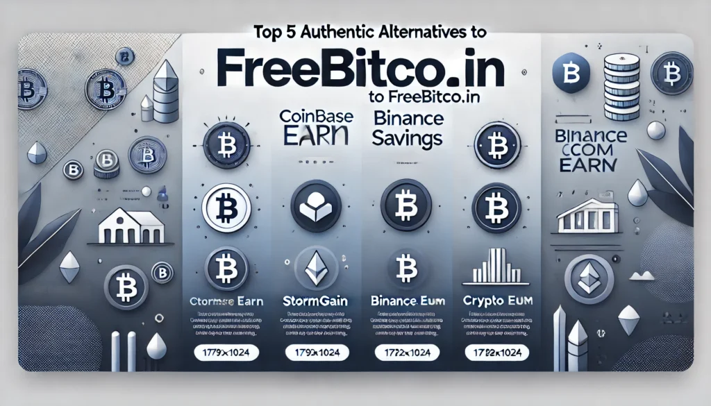 Top 5 Authentic Alternatives to Freebitco.in - Coinbase Earn, StormGain, Binance Savings, Crypto.com Earn, Cointiply - displayed on a professional, modern blue-gray background.