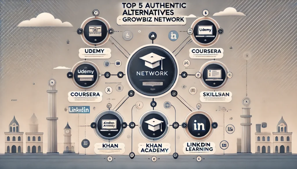 Horizontal infographic titled "Top 5 Authentic Alternatives to GrowBiz Network" with five highlighted platforms: Udemy, Coursera, Skillshare, Khan Academy, and LinkedIn Learning, each represented by icons.