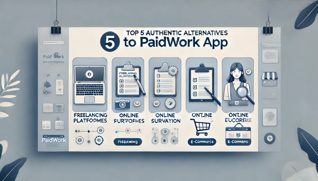 A modern banner image with the heading 'Top 5 Authentic Alternatives to PaidWork App,' featuring five sections with icons for Freelancing Platforms, Online Surveys, Content Creation, Online Tutoring, and E-commerce, in a sleek, minimalist style