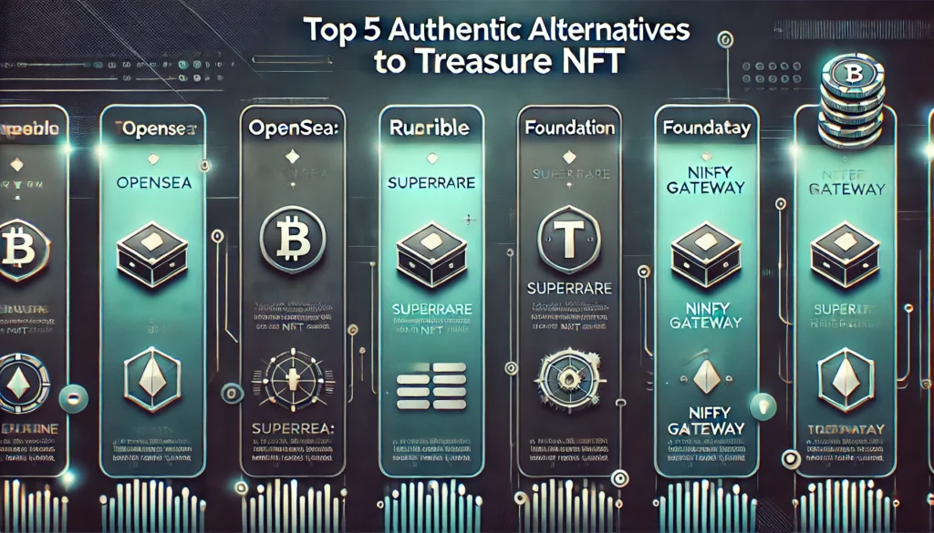 A horizontal banner displaying the heading "Top 5 Authentic Alternatives to Treasure NFT" with five subheadings: OpenSea, Rarible, SuperRare, Foundation, and Nifty Gateway, over a gradient background of dark blue to light teal with subtle digital textures.