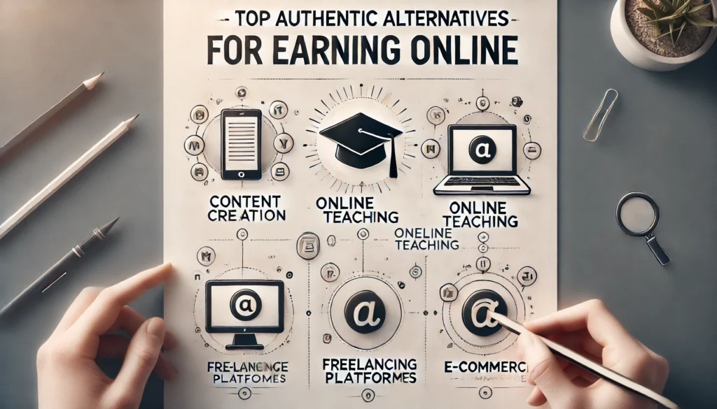 A modern design image featuring the heading "Top Authentic Alternatives for Earning Online" and subheadings for various online earning methods