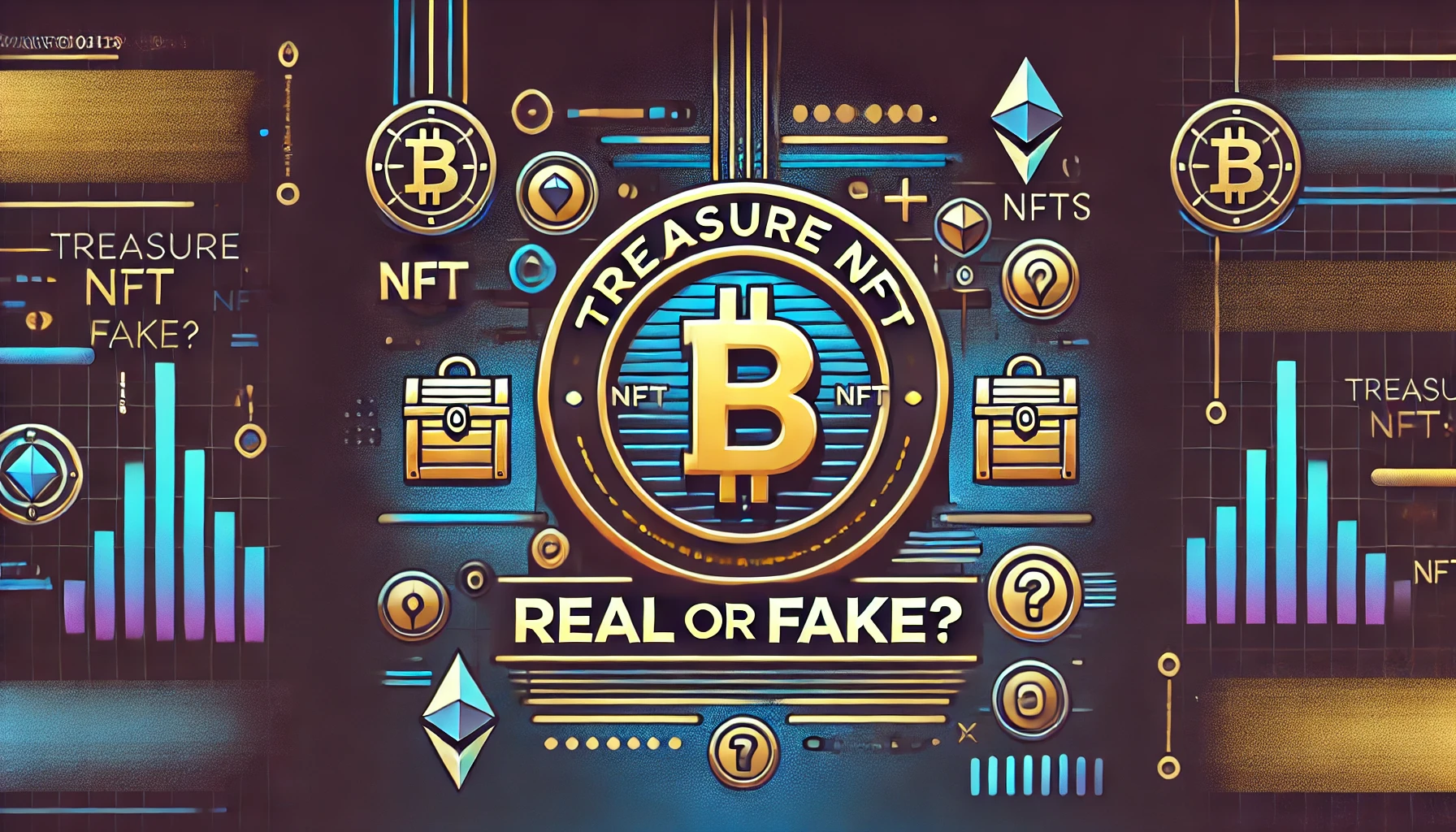 Featured image for the article 'Treasure NFT is Real or Fake?' with digital elements, including blockchain symbols and treasure graphics, overlaid with glitch effects.