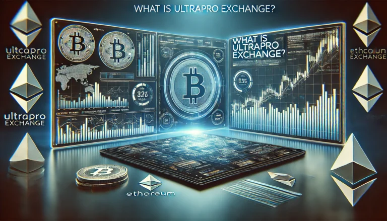 eatured image with the heading 'What is UltraPro Exchange?' displaying a digital trading platform interface with cryptocurrency symbols and futuristic design.