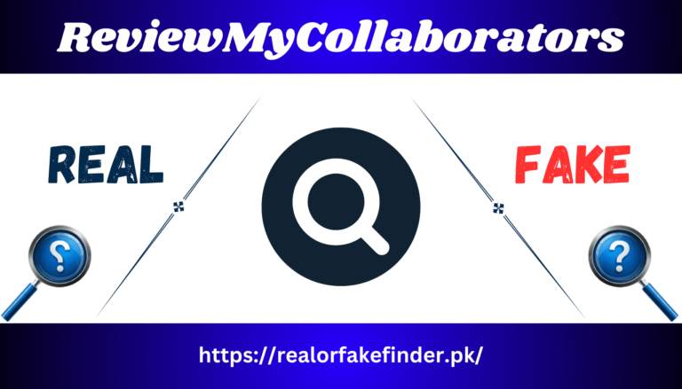 Image with “ReviewMyCollaborators” title, central magnifying glass icon, “REAL” on the left, “FAKE” on the right, and the URL realorfakefinder.pk at the bottom.