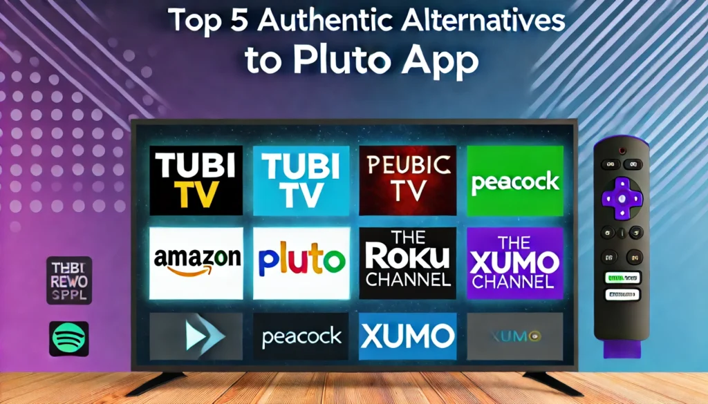 Featured image for the article 'Top 5 Authentic Alternatives to Pluto App' with main heading and subheadings for Tubi TV, Peacock, The Roku Channel, and XUMO.